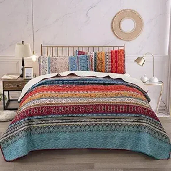Bohemian Quilt Set King Size, Boho Striped Printed Bedding